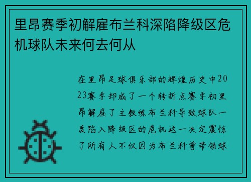 里昂赛季初解雇布兰科深陷降级区危机球队未来何去何从 里昂赛季初解雇布兰科深陷降级区危机球队未来何去何从